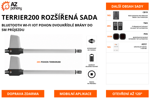 TERRIER200 ROZŠÍŘENÁ SADA - Bluetooth Wi-Fi IoT pohon dvoukřídlé brány do 5m průjezdu